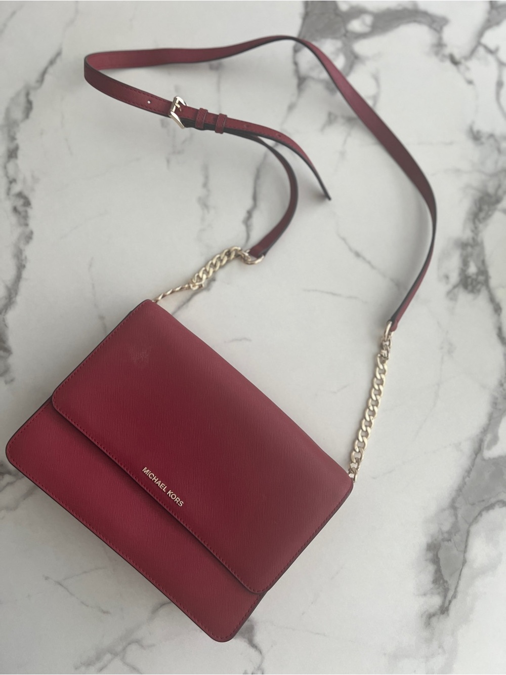 Michael Kors Burgundy Saffiano Crossbody with Gold Chain